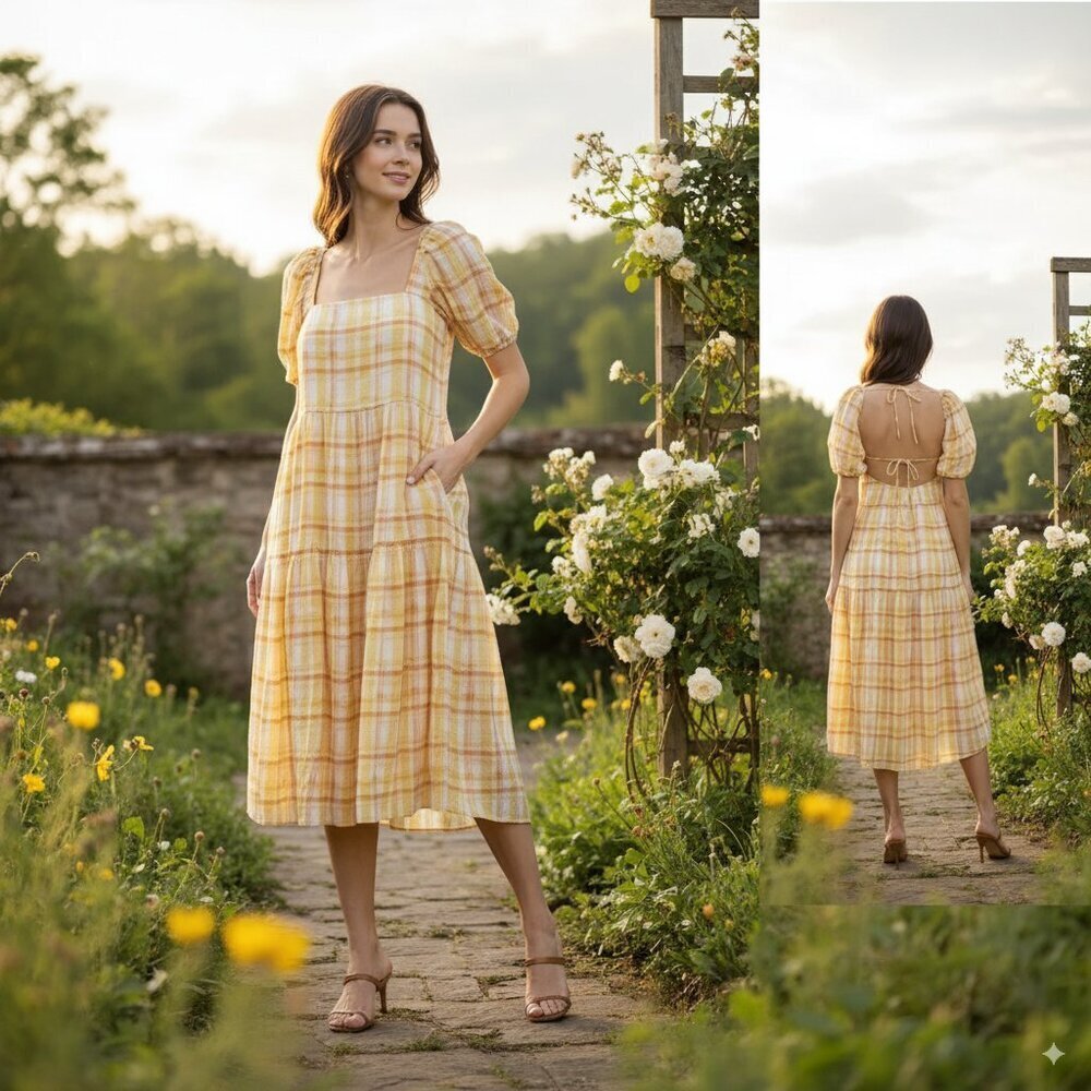 ASTR Ilana Plaid Midi Dress in Yellow Plaid Size Small NWT